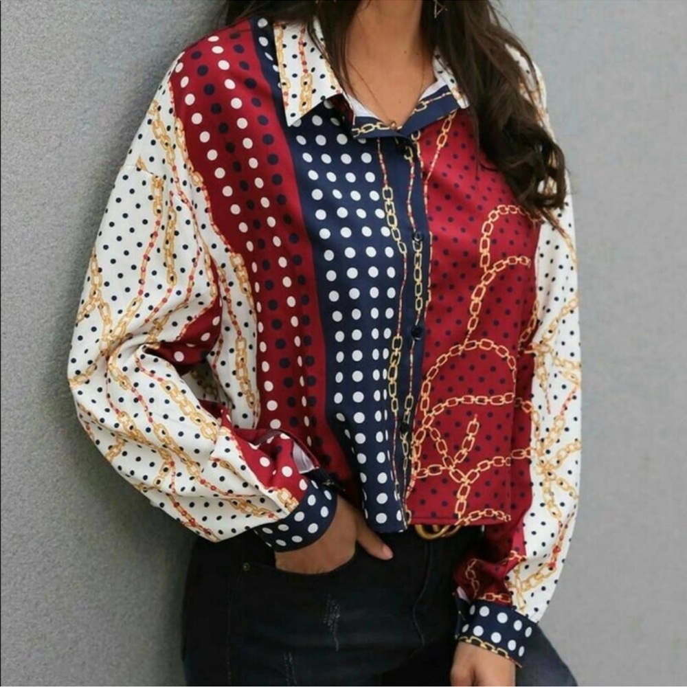 Zara Women’s Chain Print Polka Dot Cropped Button Down Shirt Navy Burgundy Large